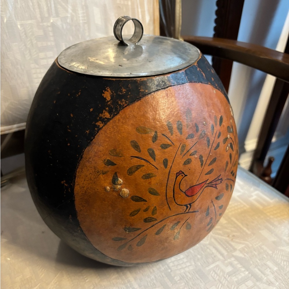 Hand painted folk art gourd with metal top made by Callaway colonials